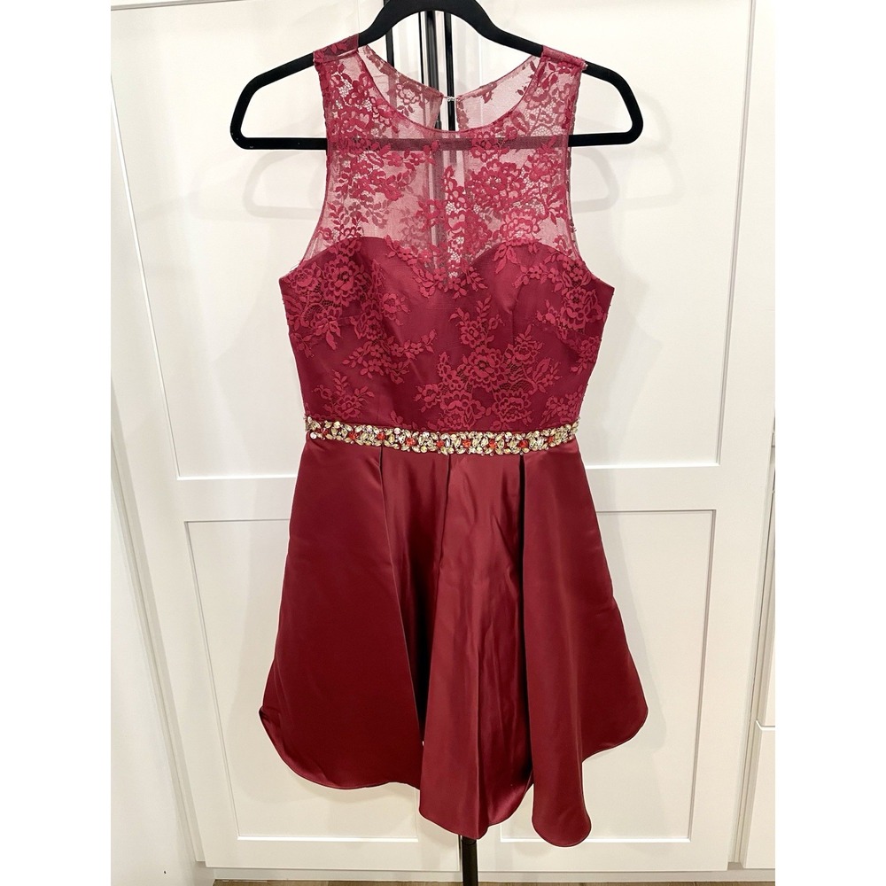 Poly USA 7214 Burgundy Satin Lace Homecoming Dress Beaded Waist Mini Size M